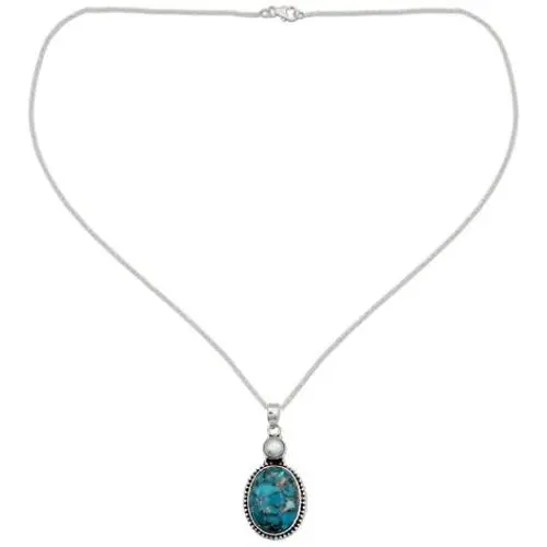 NOVICA Reconstituted Turquoise Cultured Freshwater Pearl Silver Pendant Necklace, 18'' Blue Visions NOVICA Reconstituted Turquoise Cultured Freshwater Pearl Silver Pendant Necklace, 18'' Blue Visions