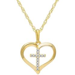 SOLIDGOLD- 14K Yellow Gold Crystal Clear CZ Cross Heart Pendant and an Adjustable Necklace Chain