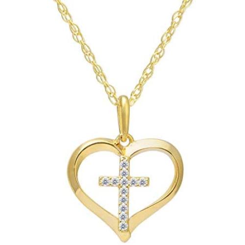 SOLIDGOLD- 14K Yellow Gold Crystal Clear CZ Cross Heart Pendant and an Adjustable Necklace Chain