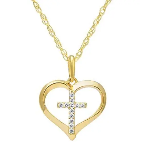 SOLIDGOLD- 14K Yellow Gold Crystal Clear CZ Cross Heart Pendant and an Adjustable Necklace Chain SOLIDGOLD- 14K Yellow Gold Crystal Clear CZ Cross Heart Pendant and an Adjustable Necklace Chain