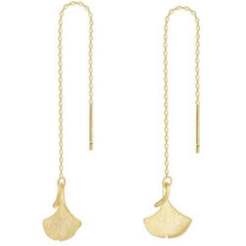 18K Gold Plated Ginkgo Leaf Dangle Threader Earrings Long Chain