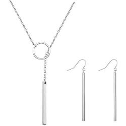 2Pcs Y Pendant Necklace Bar Earring Set Lariat Necklace Long Stick Drop Dangle Earring For Women