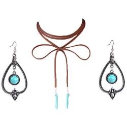 Vintage Earrings Bohemian Ethnic Turquoise Pendant Long Bandage Suede Choker Necklaces Teardrop Circle Round Hallow Pattern Dangle Set for Women Girls Jewelry