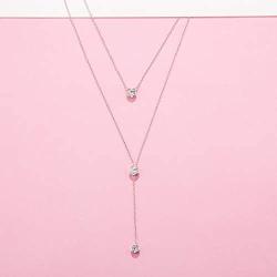 VENSERI 925 Sterling Silver Double Layered Necklace with Three Round Cubic Zirconia Fashion Jewelry for Women