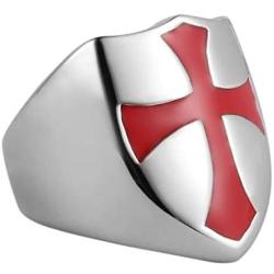 HZMAN Mens Knights Templar Red Cross Ring Stainless Steel Shield Band,Silver Gold Black, Size 7-14