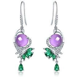 HXZZ Fine Jewelry Women Gifts Sterling Silver Natural Gemstone Amethyst and Rose Quartz Drop Dangle Hook Earrings Phoenix Design Style