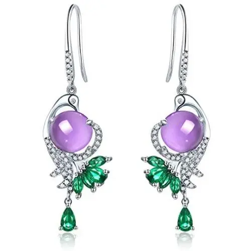 HXZZ Fine Jewelry Women Gifts Sterling Silver Natural Gemstone Amethyst and Rose Quartz Drop Dangle Hook Earrings Phoenix Design Style