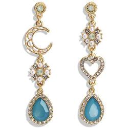 New Sweet Asymmetry Shiny Rhinestone Love Heart Moon Drop Earrings for Women Long Blue Crystal Tassel Dangle Jewelry