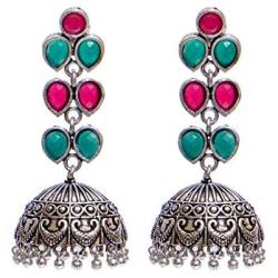 Crunchy Fashion Bollywood Jewellery Traditional Ethnic Bridal Bride Wedding Bridesmaid Oxidised Silver Pink- Green Indian Jhumka Jhumki Earrings Jewelry For Women