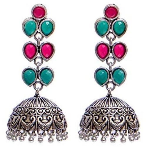 Crunchy Fashion Bollywood Jewellery Traditional Ethnic Bridal Bride Wedding Bridesmaid Oxidised Silver Pink- Green Indian Jhumka Jhumki Earrings Jewelry For Women