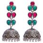 Crunchy Fashion Bollywood Jewellery Traditional Ethnic Bridal Bride Wedding Bridesmaid Oxidised Silver Pink- Green Indian Jhumka Jhumki Earrings Jewelry For Women