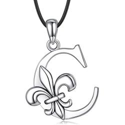 Sterling Silver Initial Necklace Dainty Fleur de Lis Necklaces 26 Letters Alphabet Personalized Charm Pendant Gifts for Women Men Teen Girls Boys
