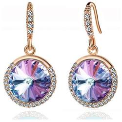 Swarovski Crystal Halo Round Drop Dangle Earrings for Women 14K Gold Plated Hypoallergenic Jewelry