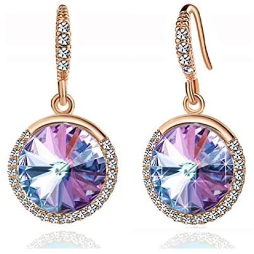 Swarovski Crystal Halo Round Drop Dangle Earrings for Women 14K Gold Plated Hypoallergenic Jewelry