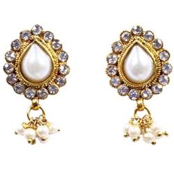 DecorTales Ethnic Fashion Gold Plated Bollywood Traditional Indian Pearl CZ Kundan Stone Jhumka Jhumki Dangle Earrings Wedding Jewelry