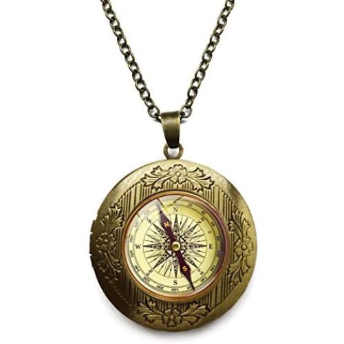 Vintage Bronze Tone Locket Picture Pendant Necklace Abstraction Digital Compass Included Free Brass Chain Gifts Personalized