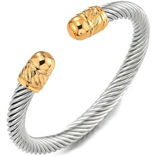 COOLSTEELANDBEYOND Elastic Adjustable Stainless Steel Twisted Cable Cuff Bangle Bracelet for Men Women