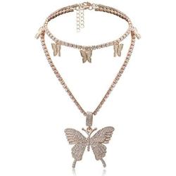 Butterfly Choker Necklace Tennis Chain Butterfly Bling Iced Cubic Zirconia CZ Butterfly Necklace Silver Girls Women