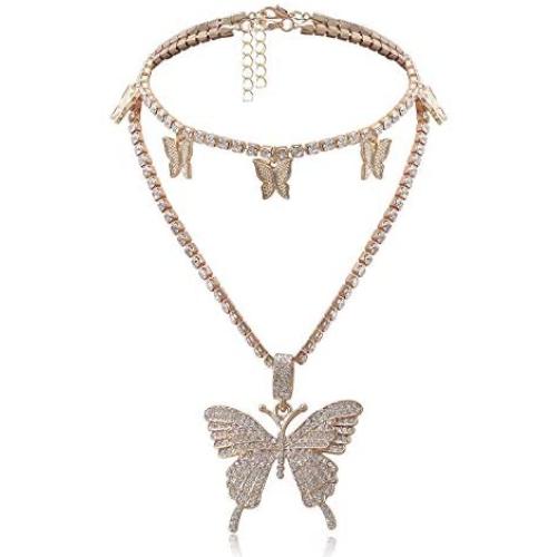 Butterfly Choker Necklace Tennis Chain Butterfly Bling Iced Cubic Zirconia CZ Butterfly Necklace Silver Girls Women