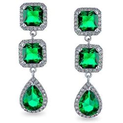 Long Geometric Simulated Emerald Green Teardrop CZ Statement Chandelier Earrings For Women For Pageant Prom Silver Plated