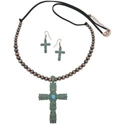 Gypsy Jewels Long Cross Simulated Turquoise Stone Western Style Necklace & Earrings Set