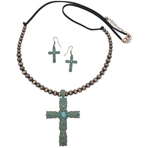 Gypsy Jewels Long Cross Simulated Turquoise Stone Western Style Necklace & Earrings Set