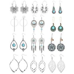 Hanpabum 12 Pairs Bohemian Silvery Vintage Statement Dangle Earrings Ethnic Style Hollow Water Drop Earring for Women Girls