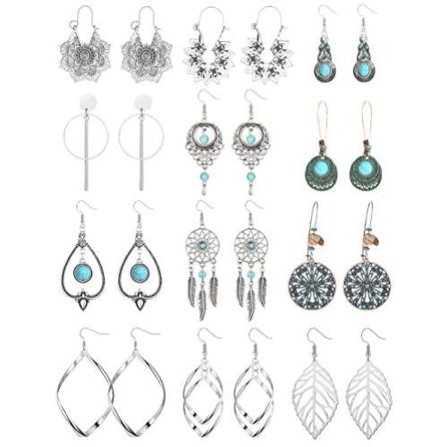 Hanpabum 12 Pairs Bohemian Silvery Vintage Statement Dangle Earrings Ethnic Style Hollow Water Drop Earring for Women Girls