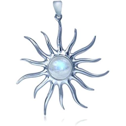 Silvershake Natural Moonstone White Gold Plated 925 Sterling Silver Sun Ray Inspired Pendant