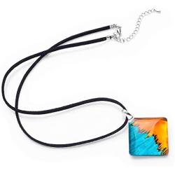 SUVANI Hand Painted Glass Jewelry Blue Water & Orange Fire Square Shape Pendant Necklace 18”-20''