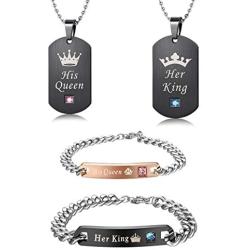 LOYALLOOK Couples Necklaces Bracelets Set for Him and Her,His Queen Her King Couples Jewelry Set Gifts for Lover Valentines Day Gifts