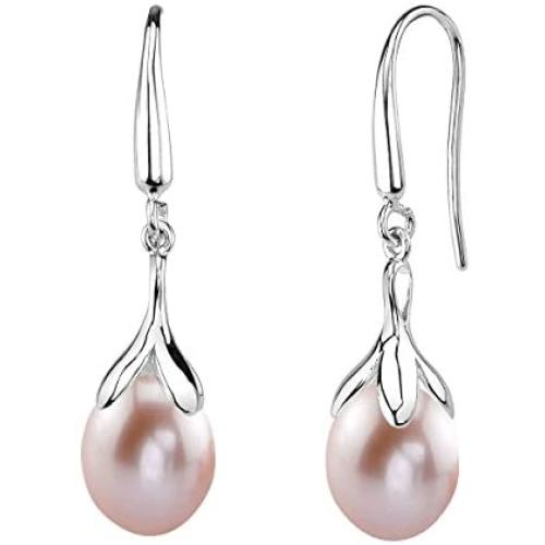 THE PEARL SOURCE 10-11mm Drop-Shaped Genuine Pink Freshwater Cultured Pearl Olive Dangle Earrings for Women