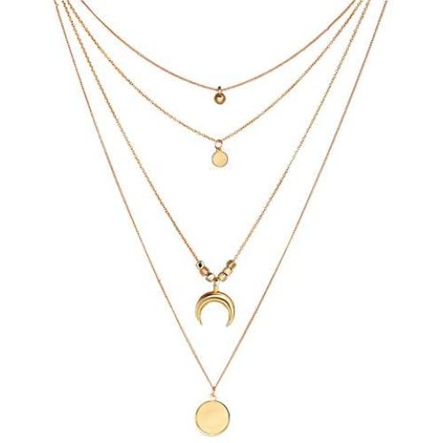 Modyle Women Layered Necklace 14K Real Gold Plated Coin Circle Heart Moon Pendant Dainty Chain Minimalist Simple Boho Jewelry Mothers Gift