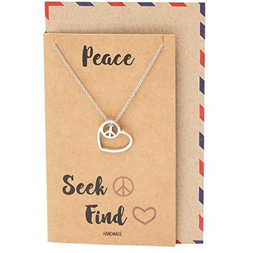 Quan Jewelry Gifts for Women, Love Heart Peace Sign Pendant Necklace, Handcrafted Jewelry in Silver Tone with Inspirational Greeting Card