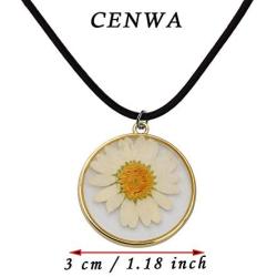 CENWA Daisy Flower Necklace Real Dried Flower Black Leather Necklace Handmade Pressed Flowers Jewelry Gift for Nature Lovers Mori Girl