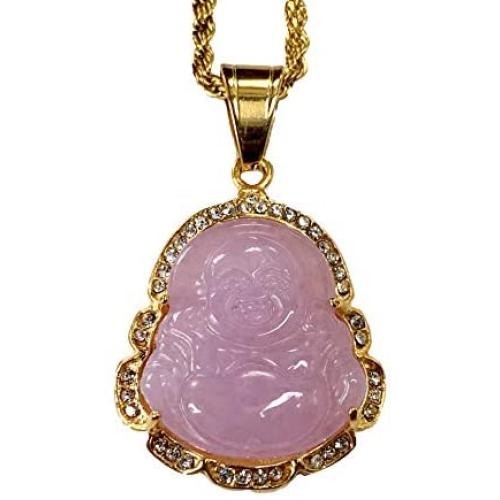 Iced Laughing Buddha Purple Jade Pendant Necklace 16'' Rope Chain Genuine Certified Grade A Jadeite Jade Hand Crafted, Jade Necklace, 14k Gold Filled Laughing Jade Buddha Necklace, Silver Jade Medallion, Fast Prime Shipping