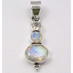 SilverStarJewel Faceted Rainbow Moonstone 3 Stone Pendant 1.4'' 925 Sterling Silver