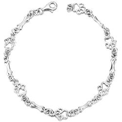 LUHE Paw and Bone Bracelets,Anklets 925 Sterling Silver Dog Bone Paw Print Ankle Bracelets for Women Girls (Silver)