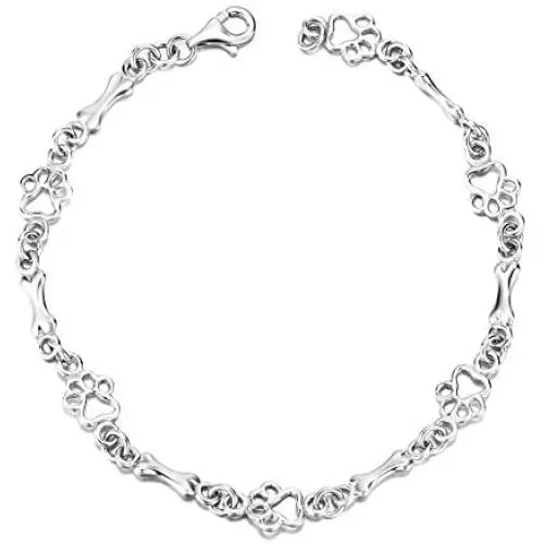 LUHE Paw and Bone Bracelets,Anklets 925 Sterling Silver Dog Bone Paw Print Ankle Bracelets for Women Girls (Silver)