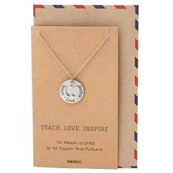 Quan Jewelry Best Gifts for Teachers in Spanish Apple Jewelry Enseña Ama Inspira Engraving on Pendant, Latin Engraved Necklace and Greeting Card (Silver Tone)