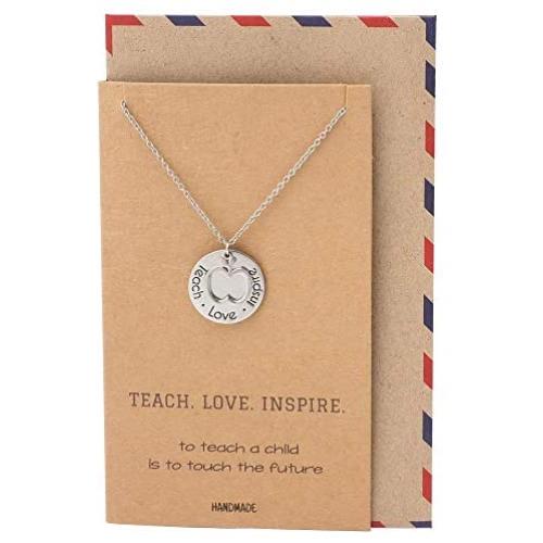 Quan Jewelry Best Gifts for Teachers in Spanish Apple Jewelry Enseña Ama Inspira Engraving on Pendant, Latin Engraved Necklace and Greeting Card (Silver Tone)