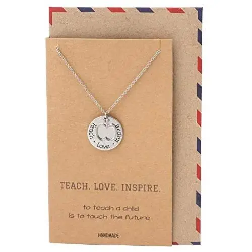 Quan Jewelry Best Gifts for Teachers in Spanish Apple Jewelry Enseña Ama Inspira Engraving on Pendant, Latin Engraved Necklace and Greeting Card (Silver Tone)