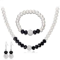 MJartoria Womens Black White Faux Pearls Necklace Earrings Bracelet Jewelry Sets (Black+White)