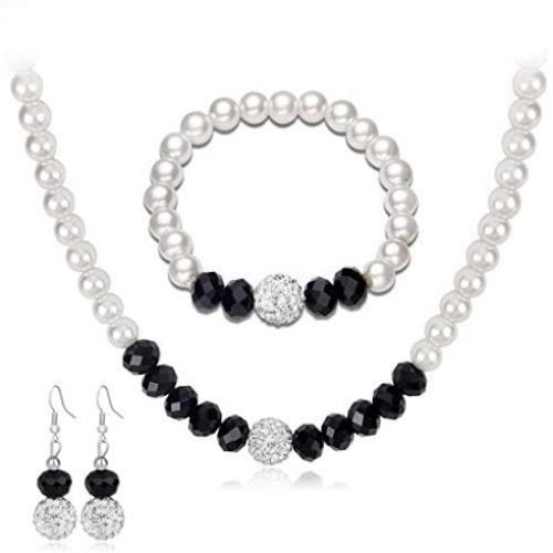 MJartoria Womens Black White Faux Pearls Necklace Earrings Bracelet Jewelry Sets (Black+White)