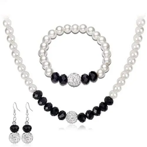 MJartoria Womens Black White Faux Pearls Necklace Earrings Bracelet Jewelry Sets (Black+White) MJartoria Womens Black White Faux Pearls Necklace Earrings Bracelet Jewelry Sets (Black+White)