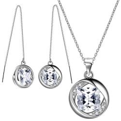 Besilver Christmas Birthstone Jewelry Gift Women Girl 925 Sterling Silver Birthstone Solitaire Necklace Earrings Set Elegant Birthday Jewelry Gift