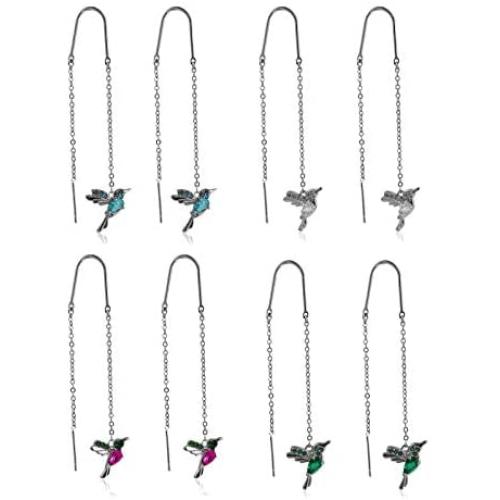 3Pairs/Set Hummingbird Rhinestone Long Tassels Threader Dangle Earrings Colorful Elegant Hummingbirds Crystal Drop Earring Set Multicolor Stud Post Jewelry for Teens Women Girls