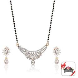 Hathkaam 20'' American Diamond Mangalsutra for Women Bollywood Wedding Style Traditional Rhodium Plated Pendant Earring Necklace Set in Black Crystal Beaded Chain with Free Floral Hair Clip HKMS001