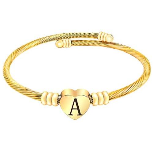 Heart Gold Initial Bracelets for Women, 14K Gold Filled Dainty Love Heart 26 Alphabet Bracelet Personalized Initial Charm Bracelets for Women Girls Jewelry Valentines Gifts