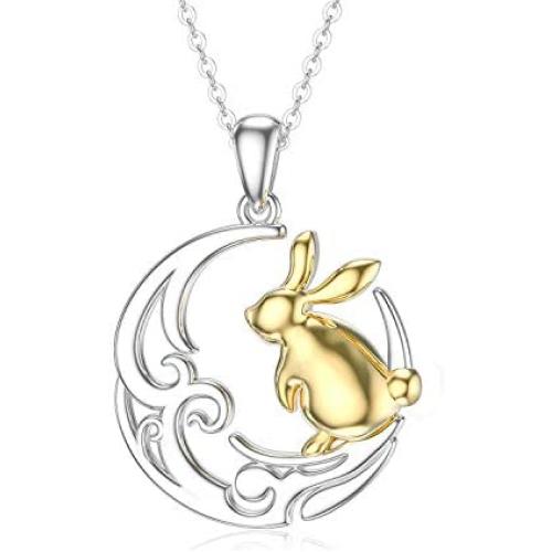 ROMANTIC WORK Cute Rabbit Necklace for Women Sterling Silver Bunny on The Moon Pendant Easter Necklace Rabbit Jewelry Gift for Girlfriend Daughter Sister